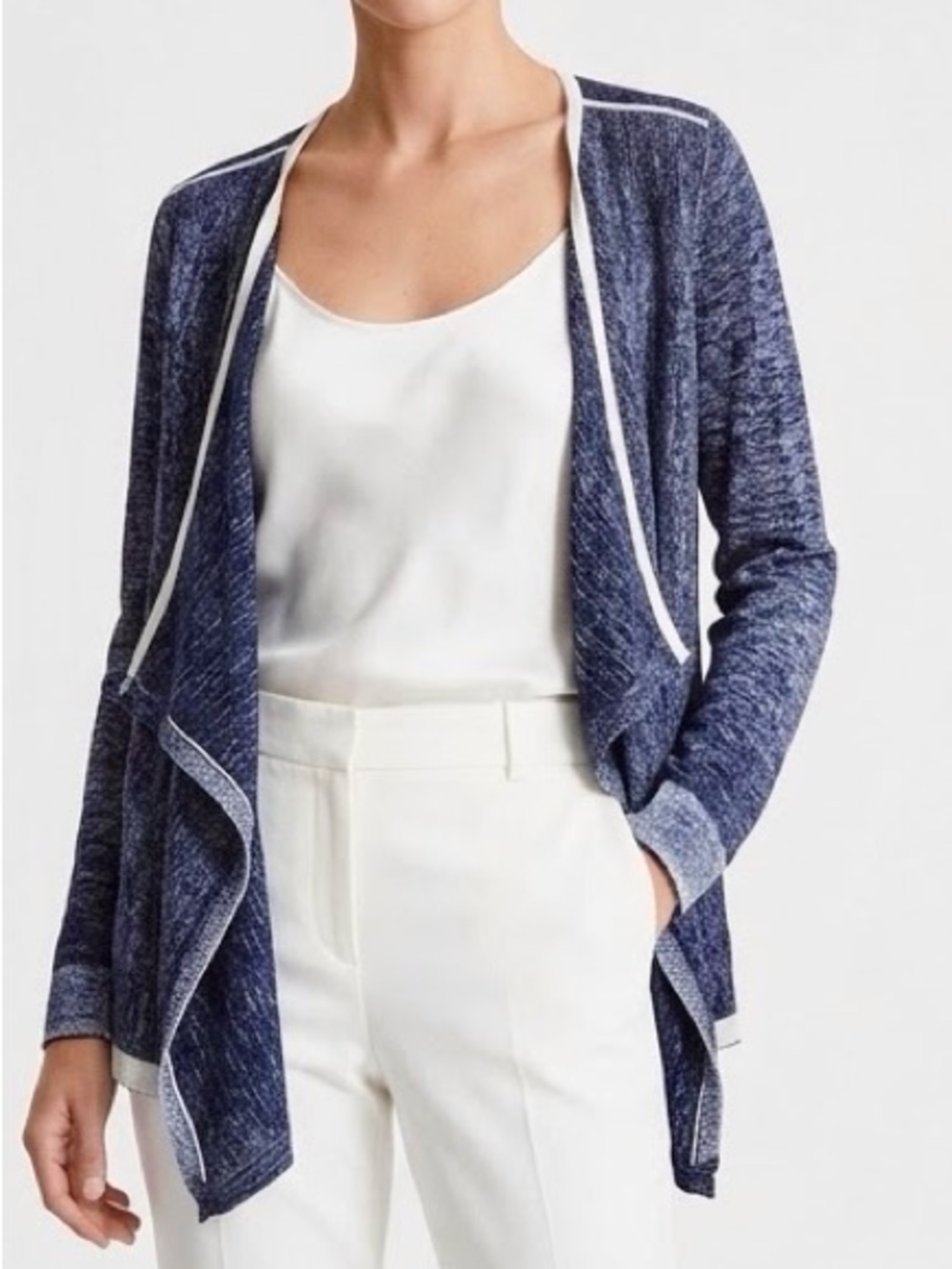 CHICO’S Shimmer Navy Blue Open-Front Draped Cardigan w White Trim — #LHP